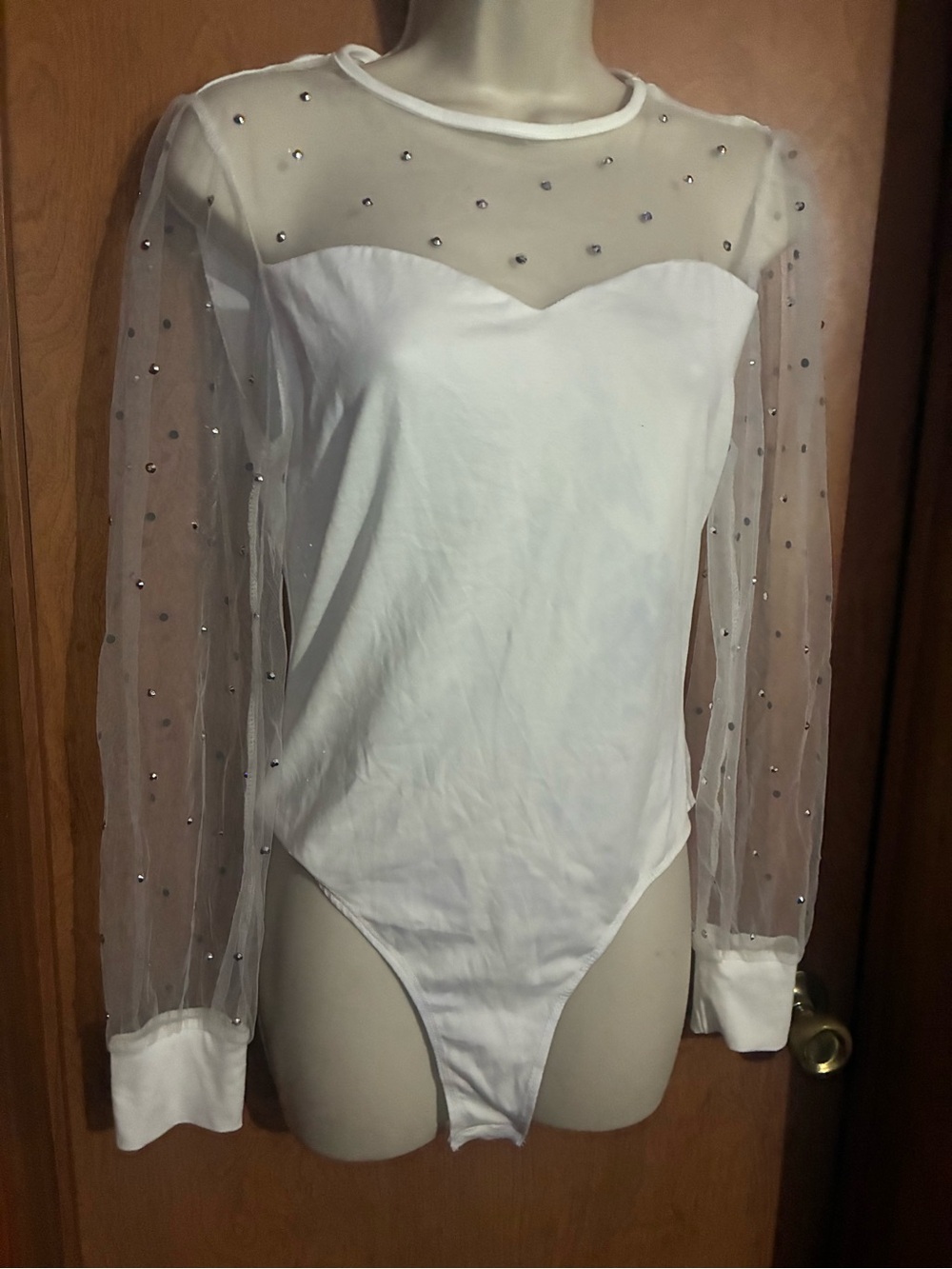 Sheer Embellished White Long-Sleeve Bodysuit